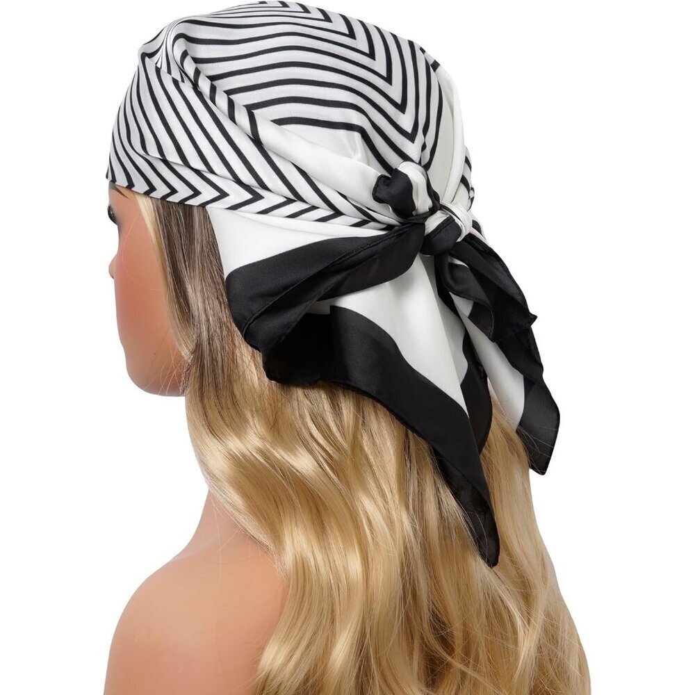 Women White Stripe Headscarf Satin Bandana Pattern Polyester Breathable Scarves - Picture 3 of 7